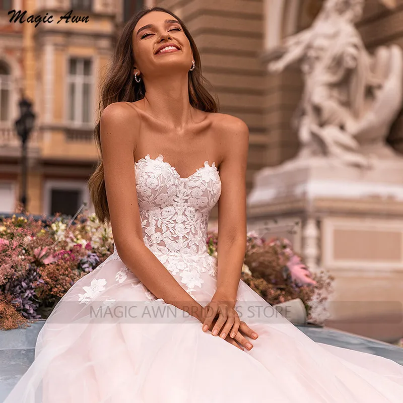 Magic Awn-vestidos De novia Bohemia con apliques De encaje, vestidos De novia De color rosa, Vestidos De Novia De encaje Corazón De tul para playa, vestidos De boda para mujer