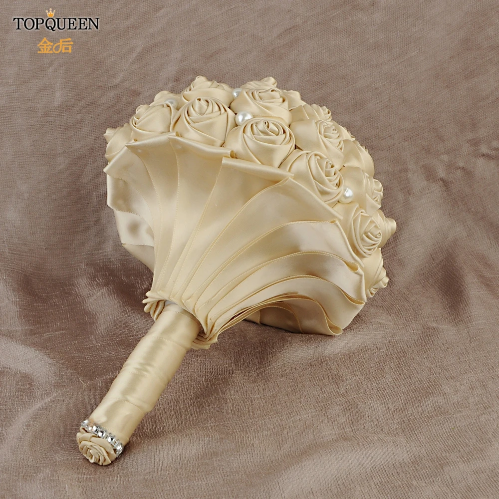 TOPQUEEN F3-CP Bridal Bouquets Artificial Flower Champagne Wedding Bouquet Stunning Handmade Satin Rose Flowers for Bridesmaid