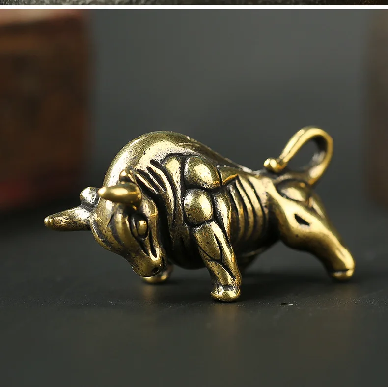 Vintage Brass Zodiac Bull Keychain DIY Pendant Ring Wealthy Cattle Ornament Miniature Fitting Accessory for Home Garden