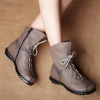 JIANBUDAN/ Genuine Leather Plush women's short Boots Retro Casual Autumn Winter Women's Boots Waterproof leather warm Snow boots - Image 5