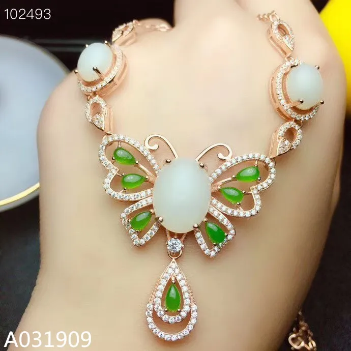KJJEAXCMY boutique jewelry 925 sterling silver inlaid Natural White jade necklace Women's pendant supports inspection beautiful
