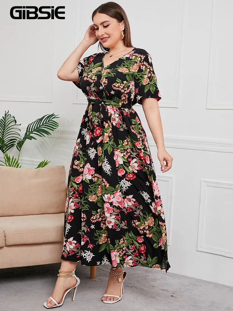 GIBSIE Plus Size V Neck Floral Print Boho Dress Women Summer Short Sleeve Maxi Dresses Holiday A-line Female Belted Dress