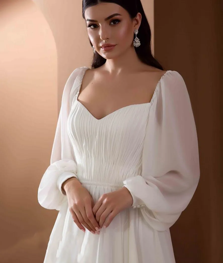 Off The Shoulder Chiffon Wedding Dress Beach 2024 Backless Long Puffy Sleeves Bridal Gown Vestidos De Noiva Robe Mariage