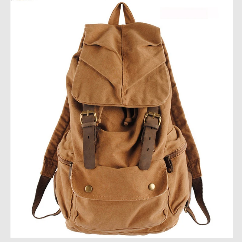 Fashion Vintage Leather military Canvas Backpack Men School Bag drawstring backpack Women Bagpack male Rucksack Teenager mochila