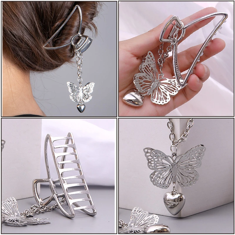 Retro Butterfly Love Pendant Hair Claw Crab Clips Sliver Goth Hollow Geometric Hair Clips For Women Metal Chain Hair Accessories