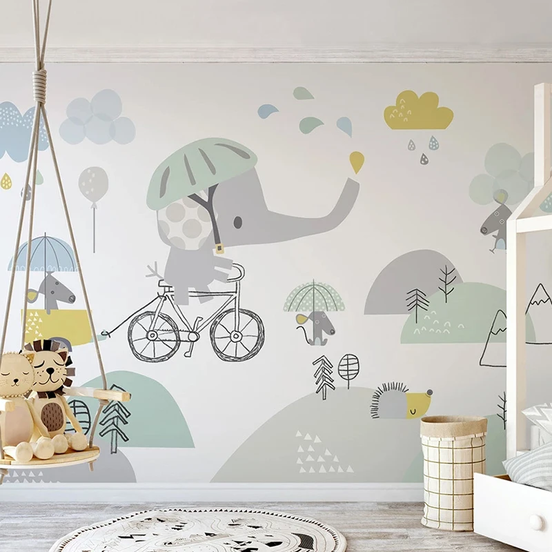 Custom Mural 3D Cute Cartoon Elephant Riding Bicycle Hamster Clouds Children Room Bedroom Background Wall Decoration Wallpaper