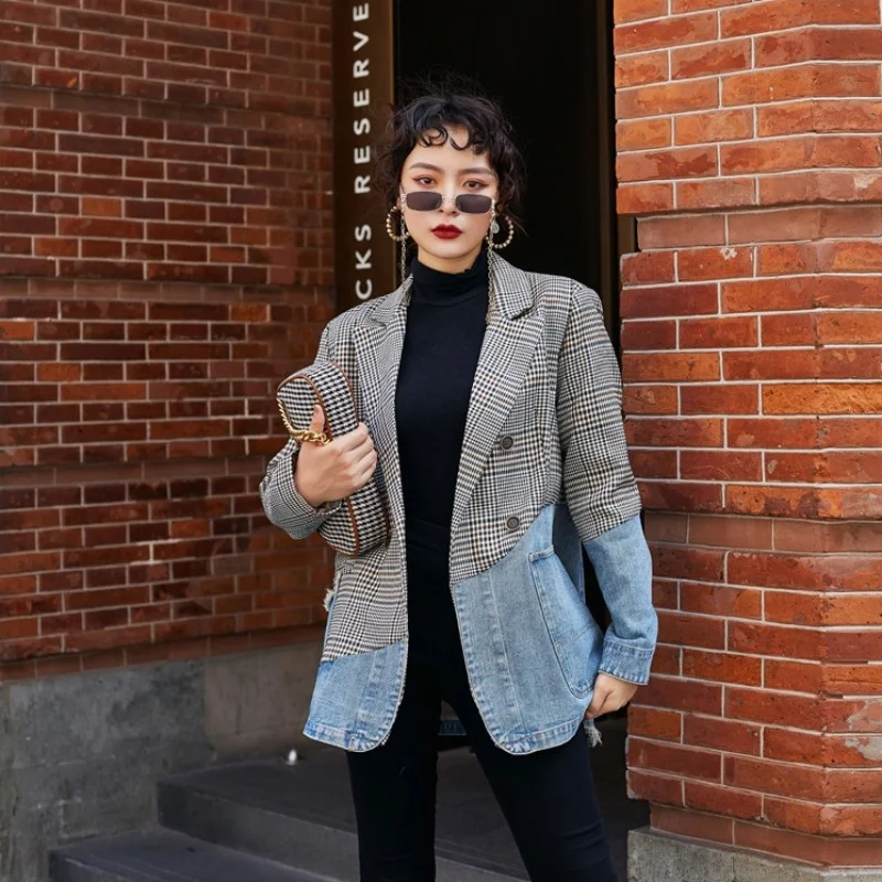 Womens Autumn Plaid Blazer Design Patchwork Denim Double Breasted Suit Jacket Fashion Outerwear Lapel Loose Fit Casual Blazers