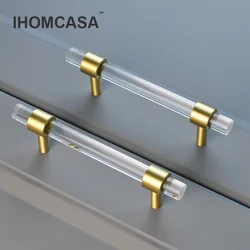 IHOMCASA Modern Acrylic Drawer Knobs Gold Brass T-Bar Handle Bathroom Pulls Kitchen Wardrobe Shoe Cabinet Furniture Door Handles