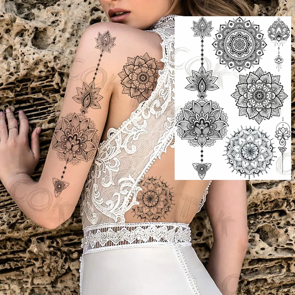 Sexy Black Henna Temporary Tattoos For Women Girls Body Art Decoration Fake Jewelry Chains Waterproof Mandala Flower Tatoos Kit