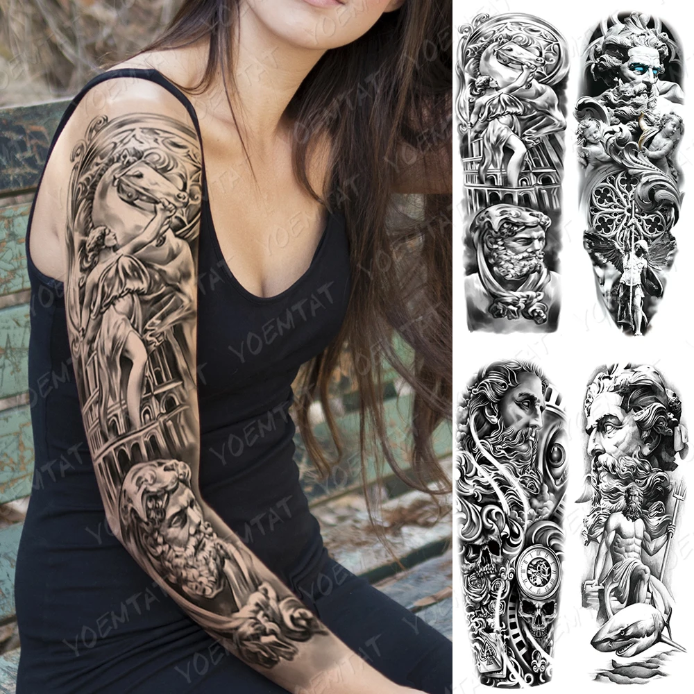 Waterproof Temporary Big Arm Sleeve Tattoo Stickers Zeus Sea God Angel Clock Whale Flash Tattoos Men Women Body Art Fake Tattoo