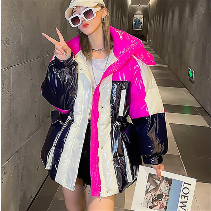 Patchwork Down Jackets Women Streetwear Loose Fashion Big Pocket Hooded Parkas Thick Warm Cotton Coat Female 2021 Winter Jacket