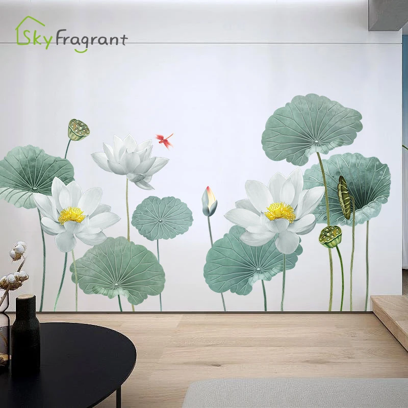 Fresh Lotus Oversized Wall Sticker Living Room Background Wall Decor Self-adhesive Stickers Home Decor Entrance Study Decoration