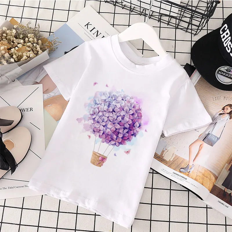 T Shirt Girl Summer Clothes Romantic Balloon Boys T Shirts Plants Flowers Kids T Shirt Harajuku Design Top Crew Neck Baby Tshirt