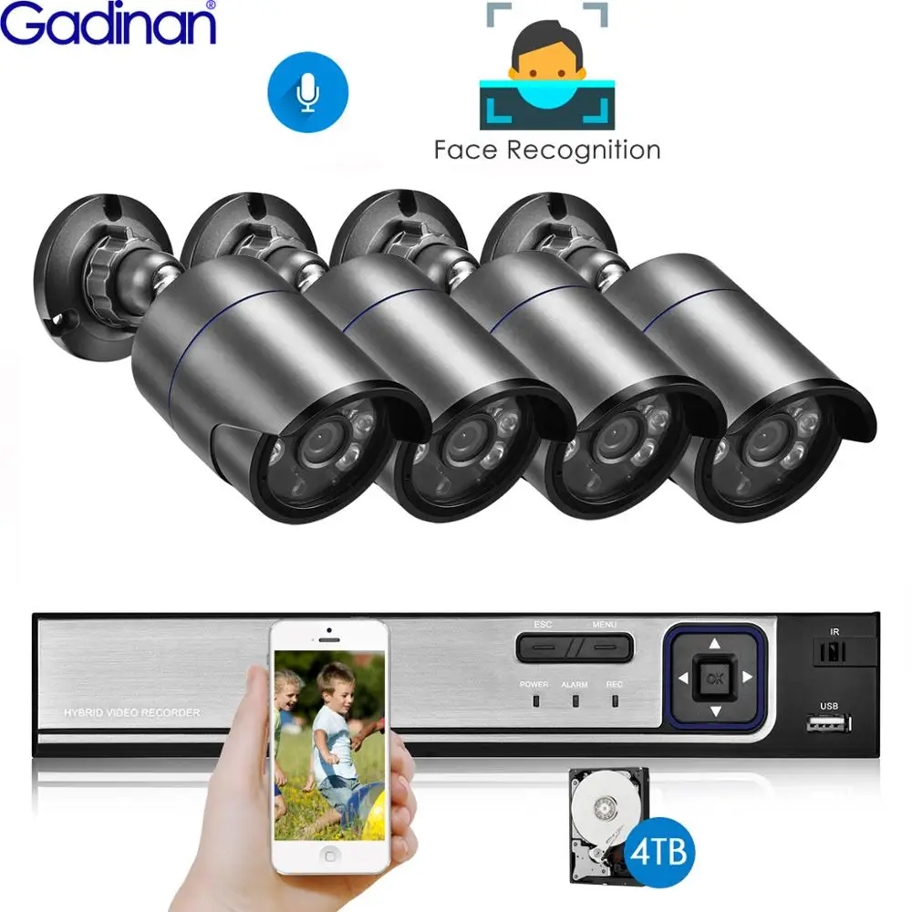 

Gadinan 4CH 5MP POE NVR Face Recognition Kit CCTV System Audio AI 5MP Security IR IP Camera Outdoor Video Surveillance Set