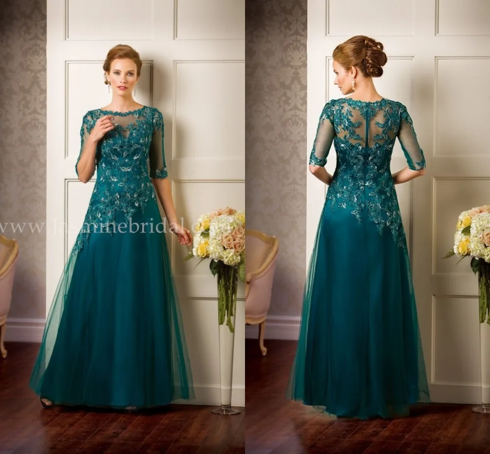 2015ชุดราตรี Teal Plus ขนาดที่กำหนดเองลูกเรือคอ1/2แขนเสื้อ Applique ยาว Tulle ลูกไม้แม่ของชุดเจ้าสาว LA0916