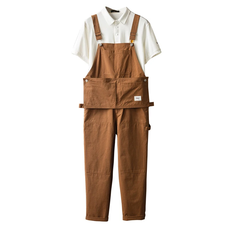 

2022 New Overalls Mens Bib Jumpsuits Cotton Streetwear Hip Hop Cargo Pants Male Solid Casual Gray Brown Long Trousers Clothing