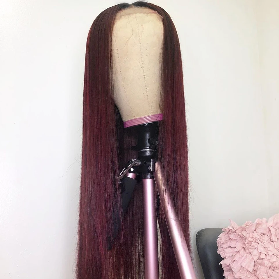 Peluca de cabello humano liso con malla Frontal para mujer, color borgoña 99j 1b, 13x4, rojo oscuro, vino, ombré