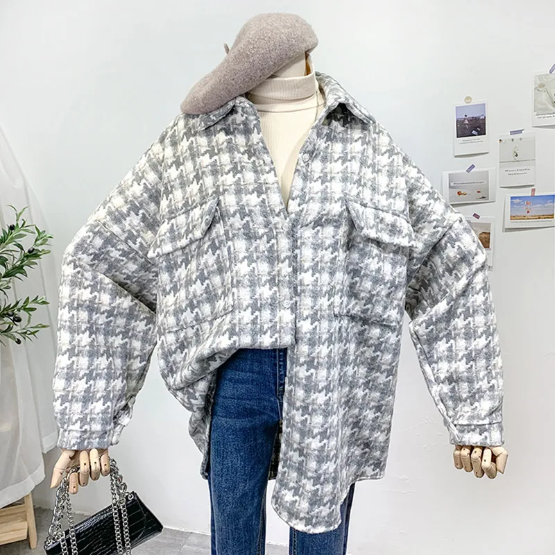 Autumn Winter Thick Warm Plaid Shirt Jacket Women Lapel Long Sleeve Fashion Houndstooth Shirt Coat Loose Womens tops and Blouses