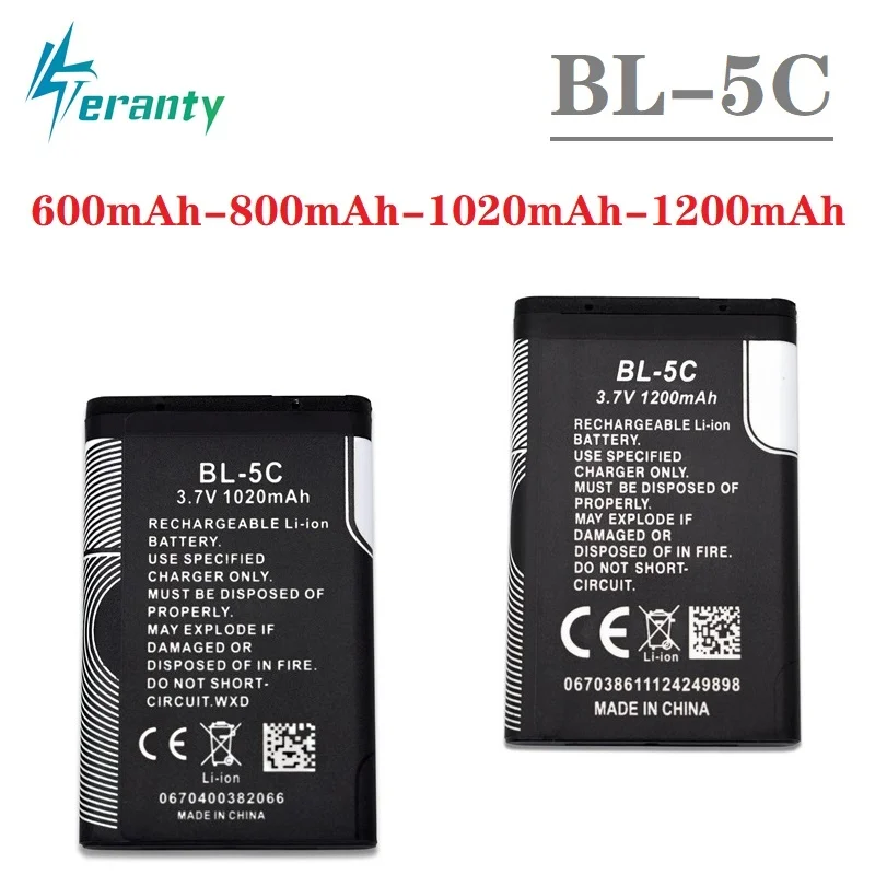 Bateria do Li-íon para Nokia, BL5C, BL-5C, 3.7V, 800mAh, 1020mAh, 1200mAh, 1200mAh, 6267, 6270, 6330, 6555, 6600, 6620, 6630, 1100, 1101, 1110,