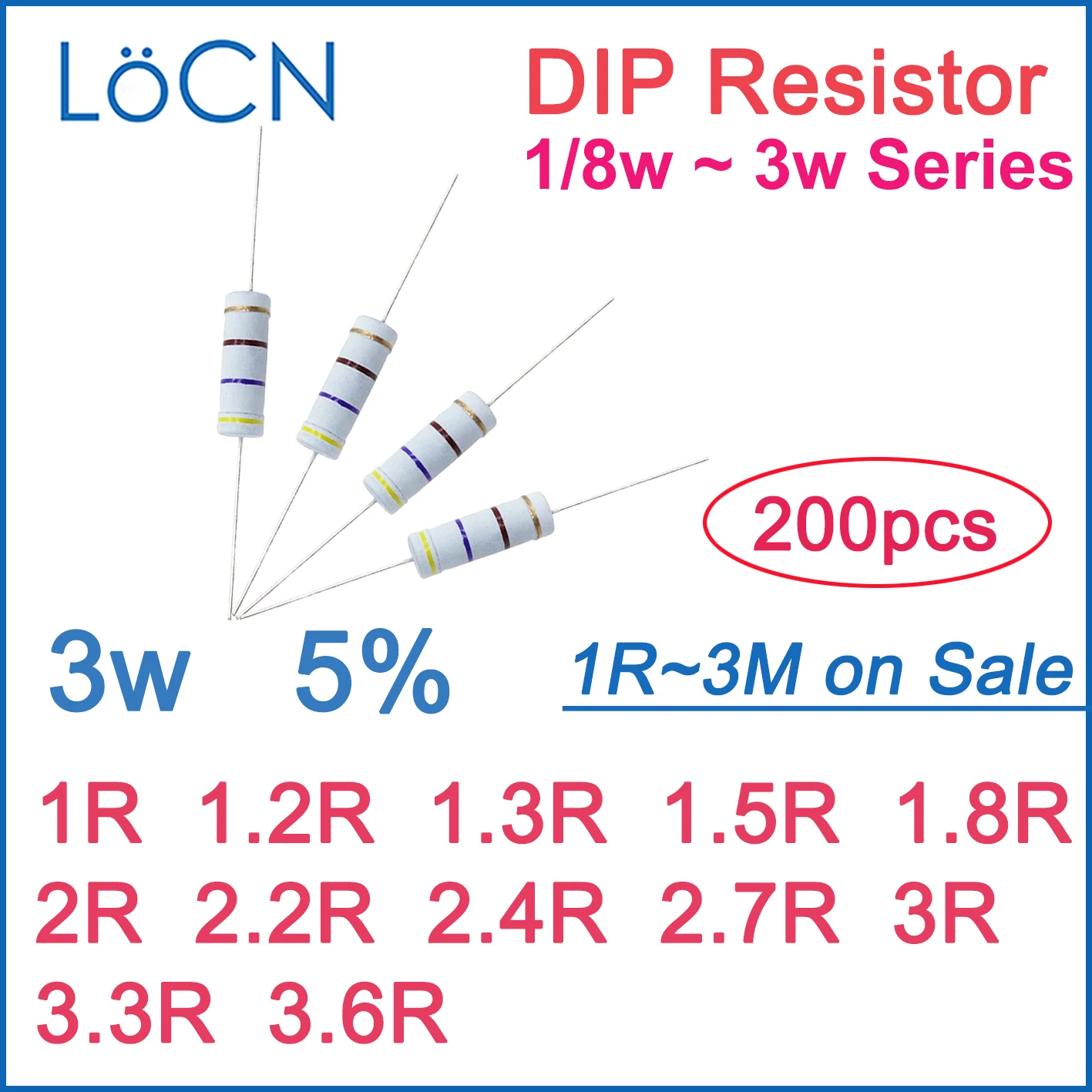 200 stücke 5% 3W Carbon Film Resistor DIP 1R 1,2 R 1,3 R 1,5 R 1,8 R 2R 2,2 R 2,4 R 2,7 R 3R 3,3 R 3,6 R OHM Farbe ring 1W 2W 3W 1/4W 1R ~ 3M