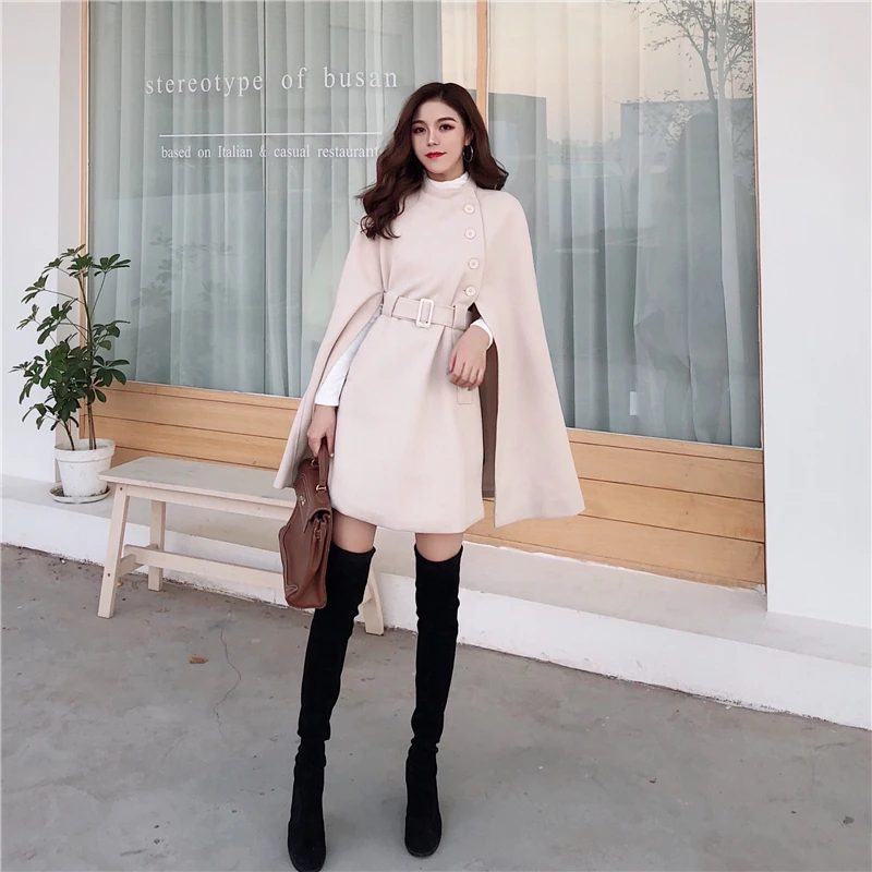 2024 Autumn High Quality Woolen Cloth Shawl Cape Poncho With Belt Women Mid-length Korean Sleeveless Casual Ladies Cape Coats