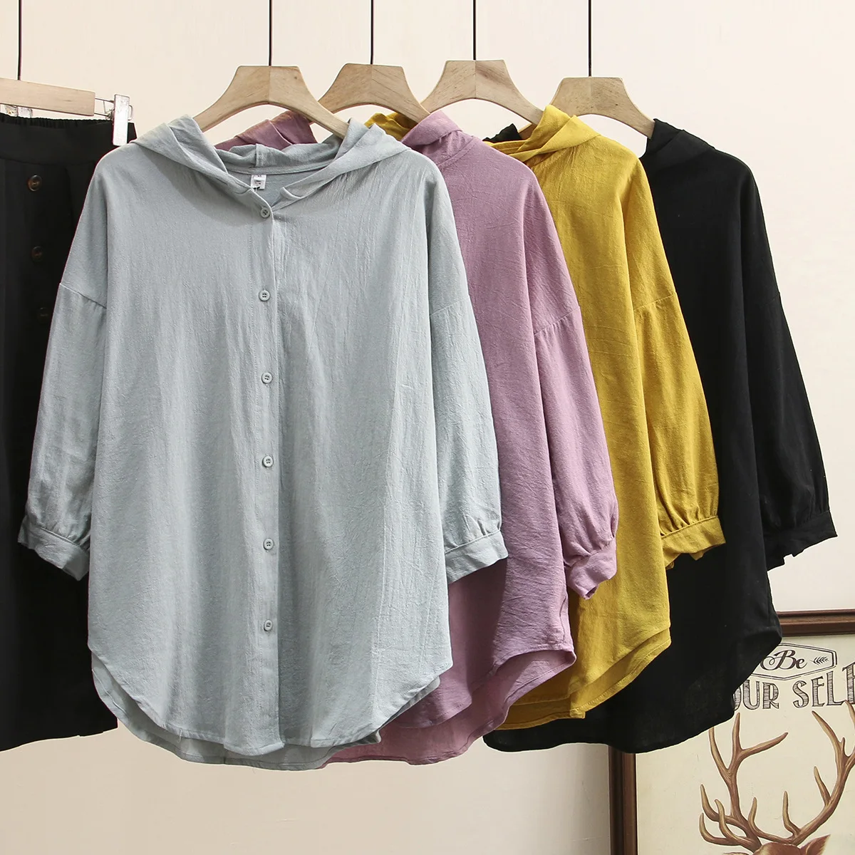 Spring Autumn Women Shirt Plus Size Fashion Casual Clothes Female Tops Cotton And Linen Half Sleeve Hooded Chaqueta De Mujeres