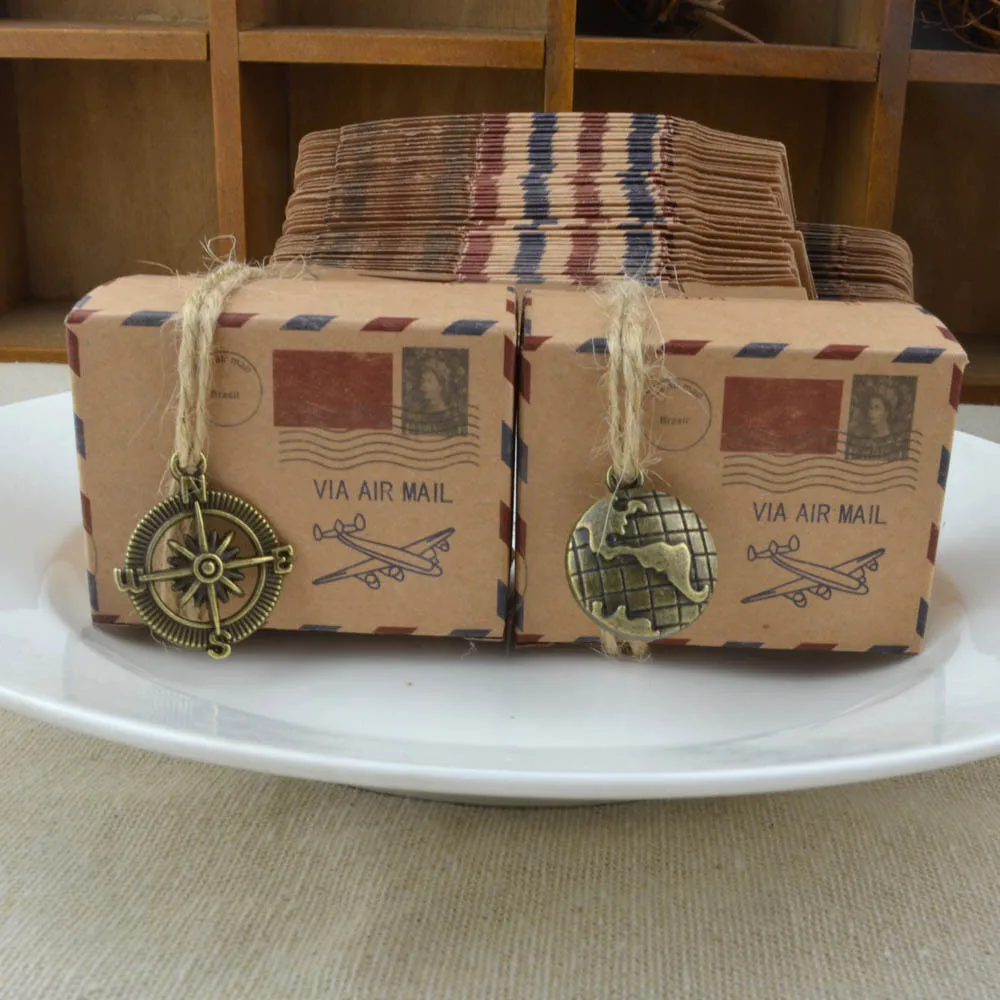 50pcs Kraft Paper Candy Box Old Paper Airplane Mail Gift Box Chocolate Box Earth Compass Packing Box For Travel Wedding