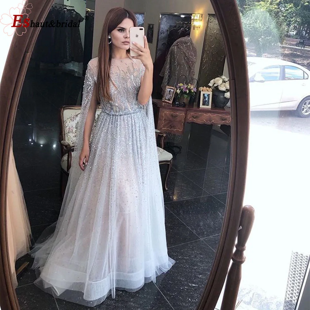 Elegant Evening Night Dresses for Women 2023 Long Sleeves O Neck A-Line Luxury Crystal Handmade Formal Prom Wedding Party Gowns