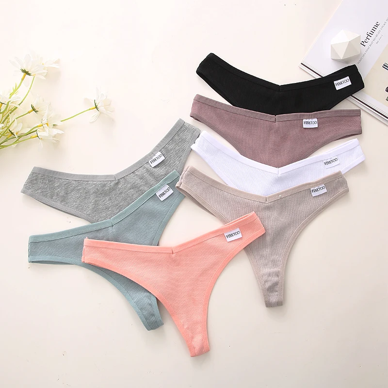 FINETOO 7PCS/Set M-XL Women Cotton Lingerie 9 Solid Colors Panties G-string Sexy V-Waist Thongs Girl Underwear Female Pantys