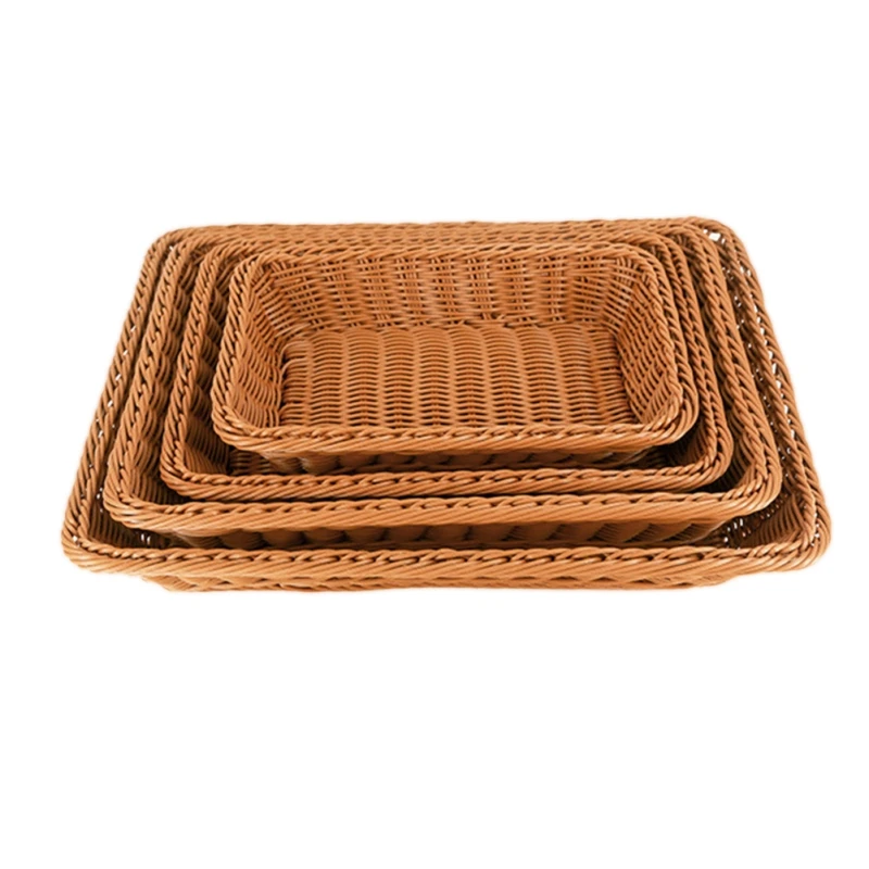 Handwoven Rattan Storage Basket Rectangular Wicker Tray Picnic Basket Bread Food Fruit Cake Plate Sundries Box Kitchen Organizer