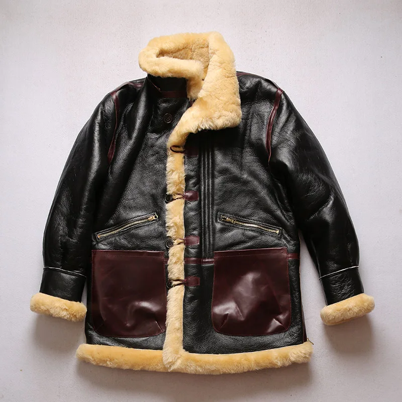 B7 Avfly European Size High Quality Super Warm Genuine Sheep Leather Coat Mens Big B3 Shearling Bomber Military Fur Jacket