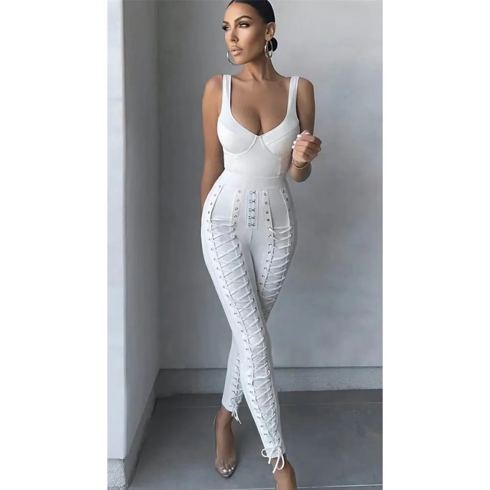 Hot Women Winter Fashion Sexy V Neck Black White Eyelet Bodycon Bandage Jumpsuit 2021 Celebrity Designer High Street Rompers