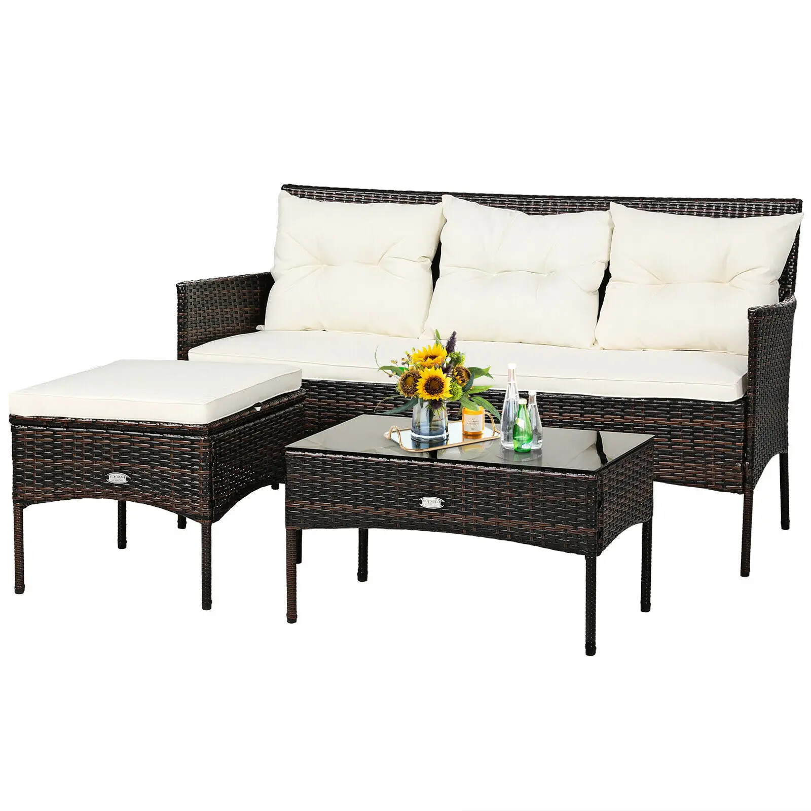 Patiojoy 3PCS Patio Rattan Furniture Set 3-Seat Sofa Cushioned Table Garden HW67714WH