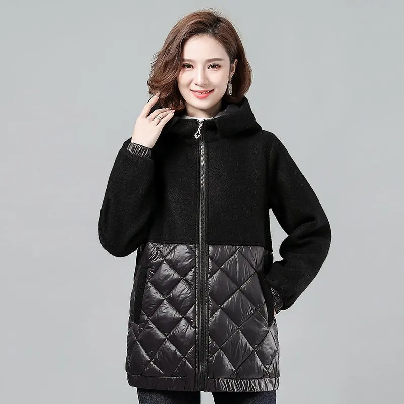 

2021 Winter Hooded Jacket Women Down cotton Loose Warm Outwear Coat Patchwork Woolen Female Casual Parkas