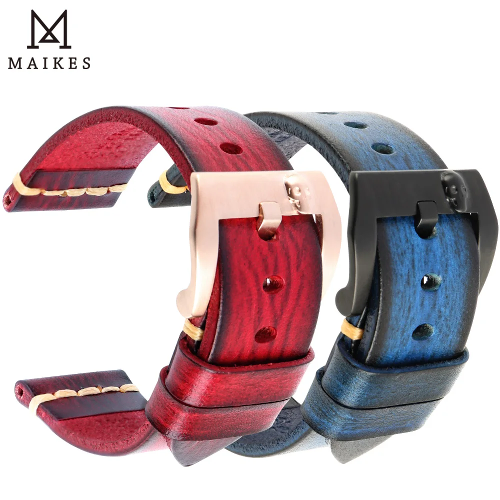 MAIKES Handmade Italian Leather Watch Band 18mm 19mm 20mm 21mm 22mm 24mm Vintage Watch Strap For Panerai Omega IWC Watchband