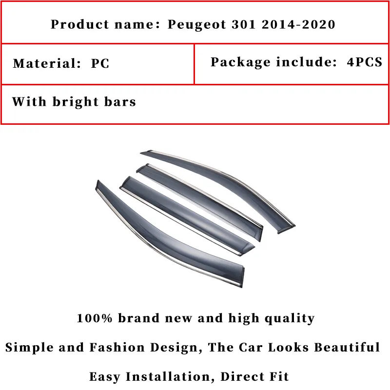 Car Window Visor Vent Rain Shield Shelter Cover Frame For Peugeot 301 2014-2020 Car Styling Accessories Window Rain Cover