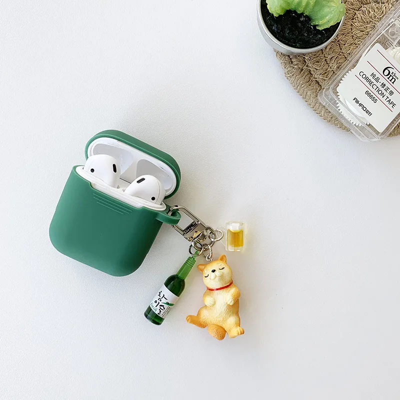 Cute Corgi Dog Beer Keychain Decor Green Headphones Case For Apple AirPods 1 2 Pro 3 Bluetooth Soft Silicone Earphone Case Cover