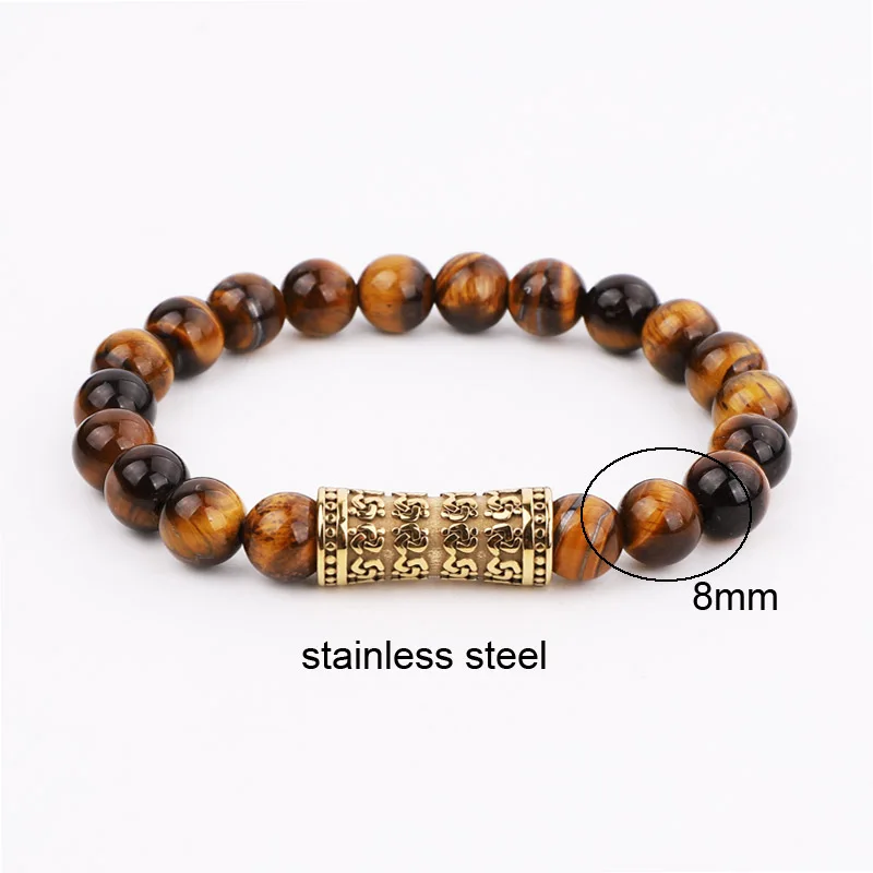 High Quality New Design Natural Stone Tiger Eye Onyx Lava Rock Beads Stainless Steel Lion Charm Elastic Bracelet Men Jewelry