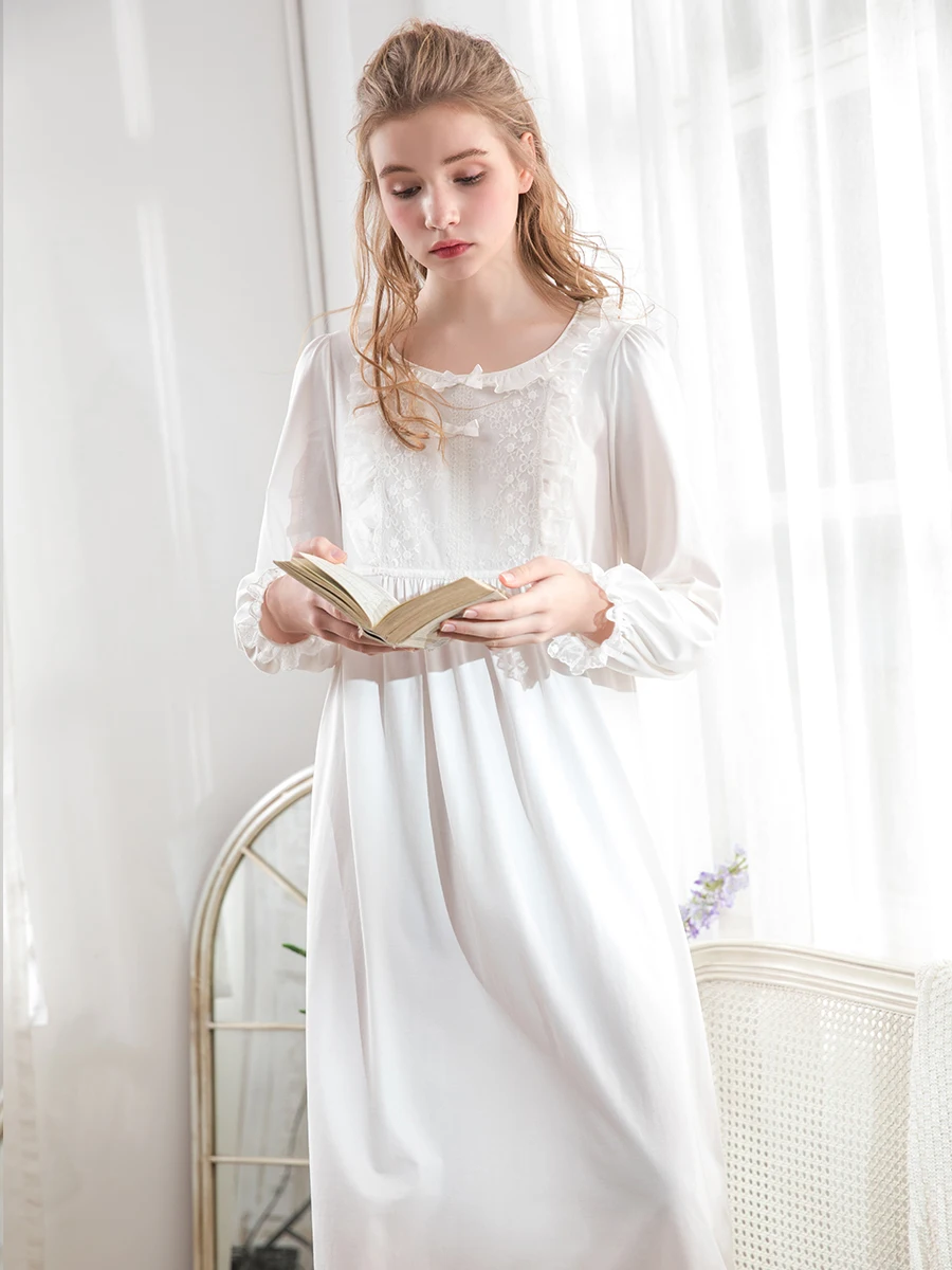 Vintage Delicate Lace Women\'s Nightgowns Royal Spring Autumn Princess Loose Sweet Long Sleepwear Holiday Dress