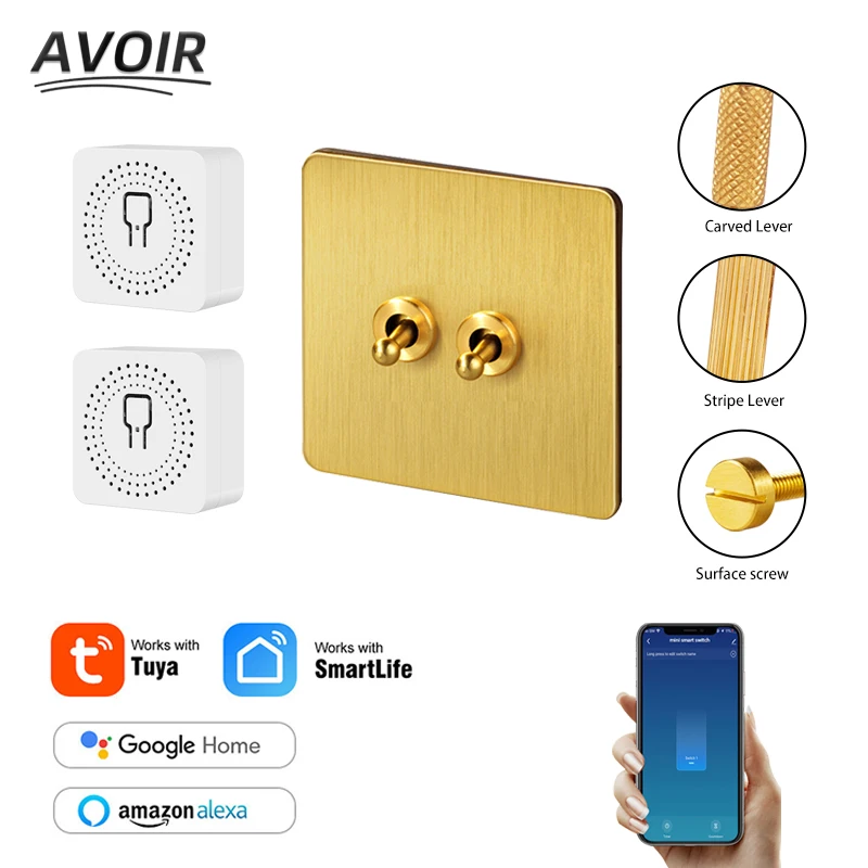 

Avoir Wifi Mini Module Wall Toggle Switch Gold EU FR Power Socket Tuya Smart Home Circuit Breaker Sensor Wireless Light Switch