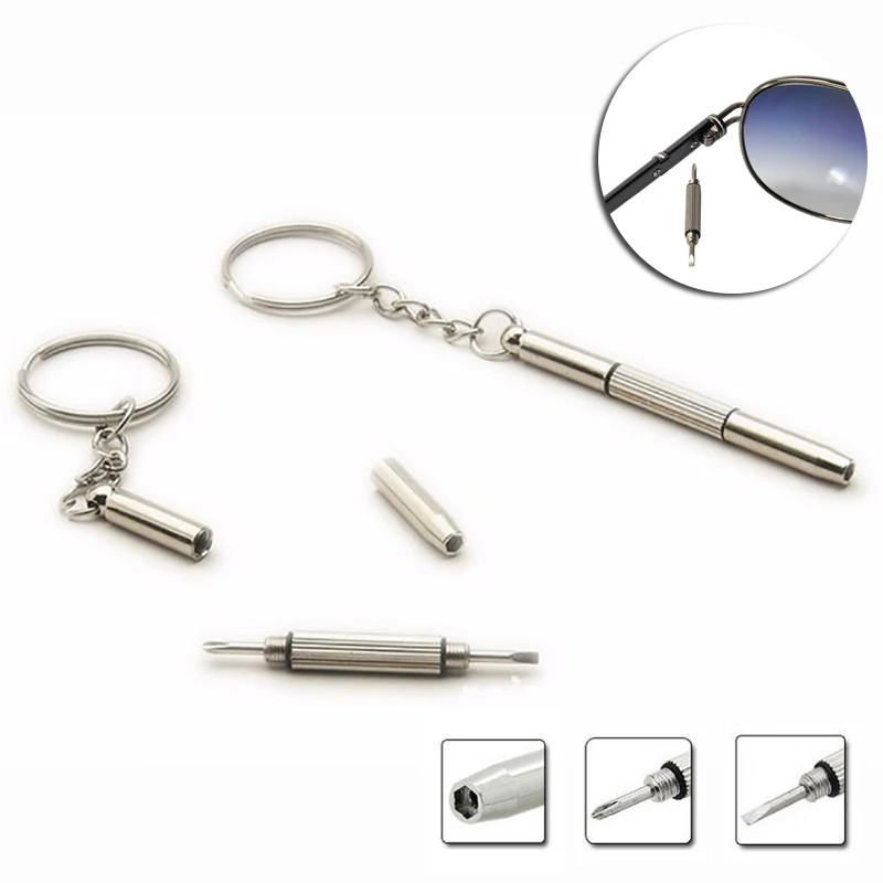 3 In 1 Eyeglass Screwdriver Portable Stainless Steel Keychain Screwdriver Eyeglass Sunglasses Watch Screwdriver Repair Kit Tools