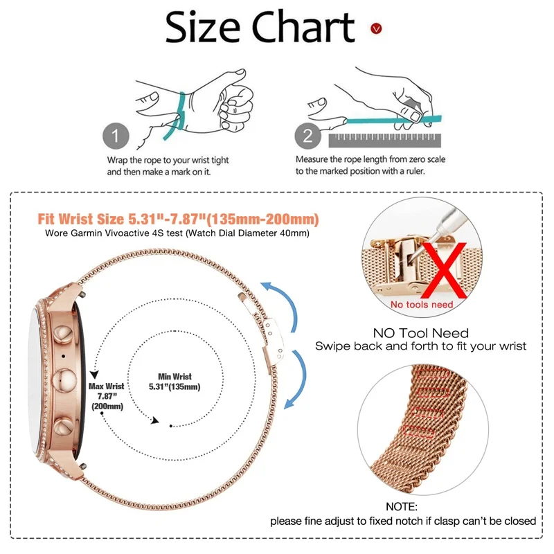 Correa de malla para reloj Garmin Vivoactive 4S para mujer, pulsera de acero inoxidable de 18mm para Fossil Venture Gen 4, Gen 5E de 42mm