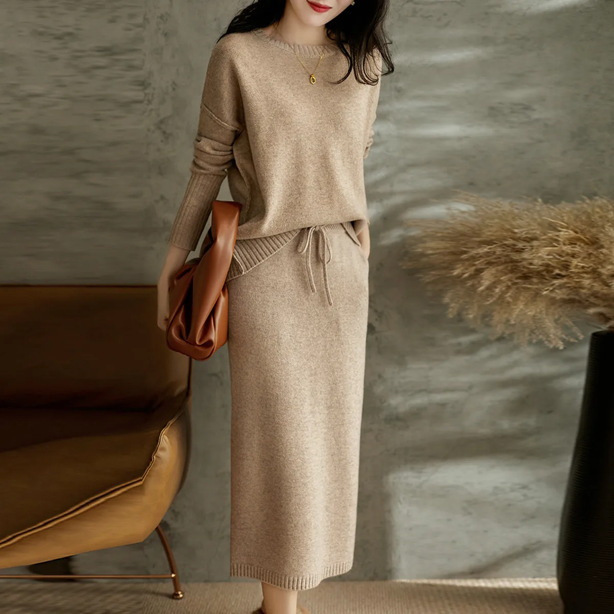 New Autumn Women Sweater Two Piece Set Knitted Sets Solid Casual O Neck Long Sleeve Pullover Top+Elastic Waist Midi Skirt Suit