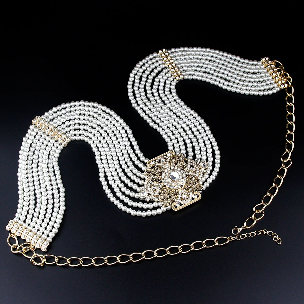 

Sunspicems New Women Beaded Waist Belt Chain Pearl Caftan Belt Gold Color Flower Buckle Adjustable Length Wedding Dress Jewelry