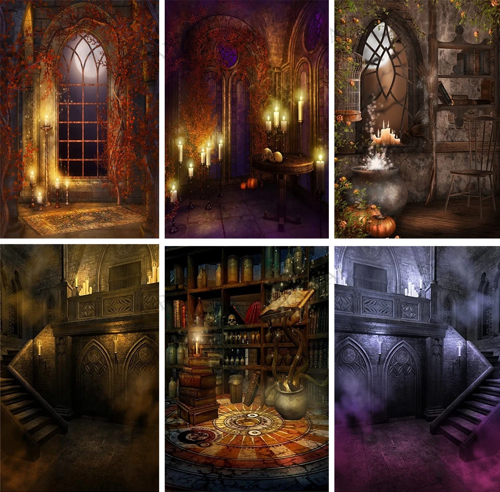 

Vintage Magic Room Background Witch Magical Potion Skull Photography Backdrop Medieval Wizard Candle Bookshelf Retro Books Props