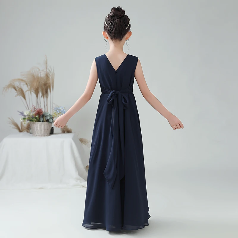 Dideyttawl Customized Navy Blue Chiffon Girls Formal Party Gowns Long Junior Bridesmaid Flower Girl Dresses For Wedding Evening