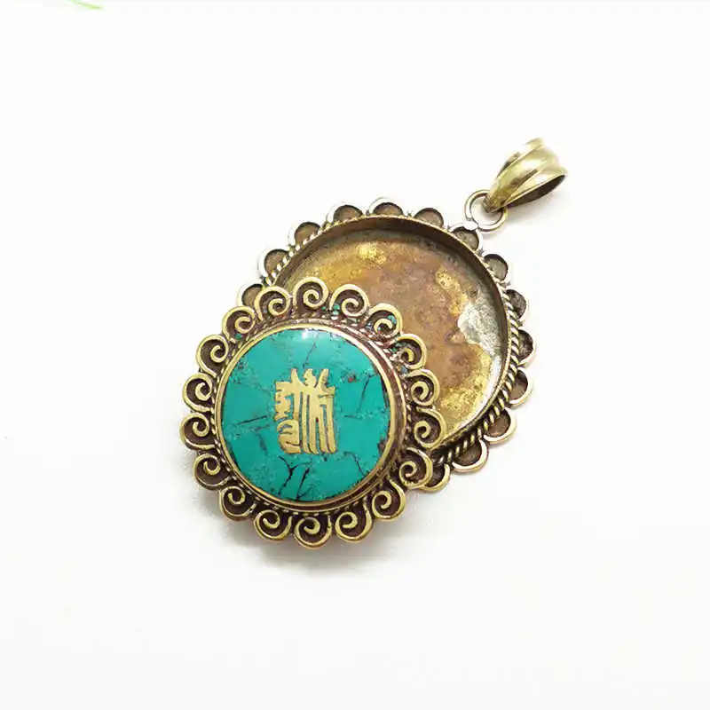 Tibetan Prayer Box Gau Brass Inlaid Stone Round Lotus Lockets Tibet Amulet Pendants Ethnic Hand Jewel TGB011