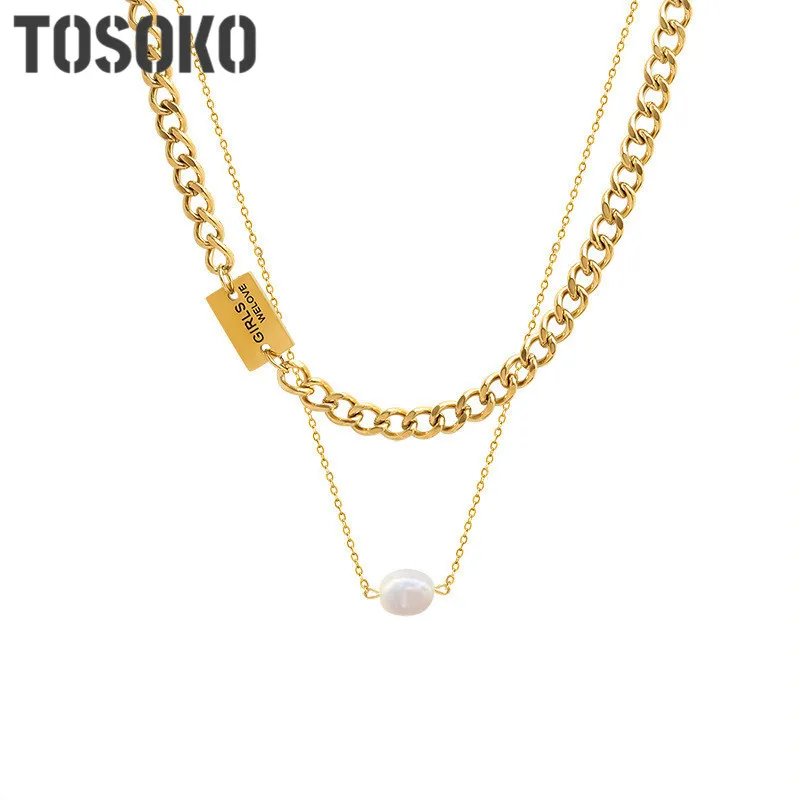 

TOSOKO Stainless Steel Jewelry Danshui Pearl Necklace Square Brand Double Fold Link Chain Hip Hop Female Clavicle Chain BSP860