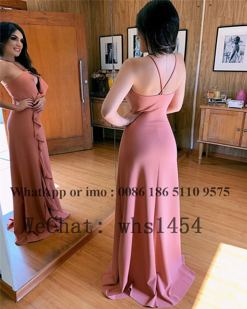 Mcullyd – robe de soirée de forme trapèze, tenue de soirée longue, Sexy, col en v, fente latérale, couleur pêche, Satin, modèle de luxe, 2023