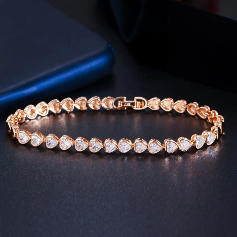 CWWZircons Elegant Chic 585 Gold Color Cute Love Heart Shape CZ Tennis Bracelet Bangle for Women Best Friends Jewelry Gift CB239